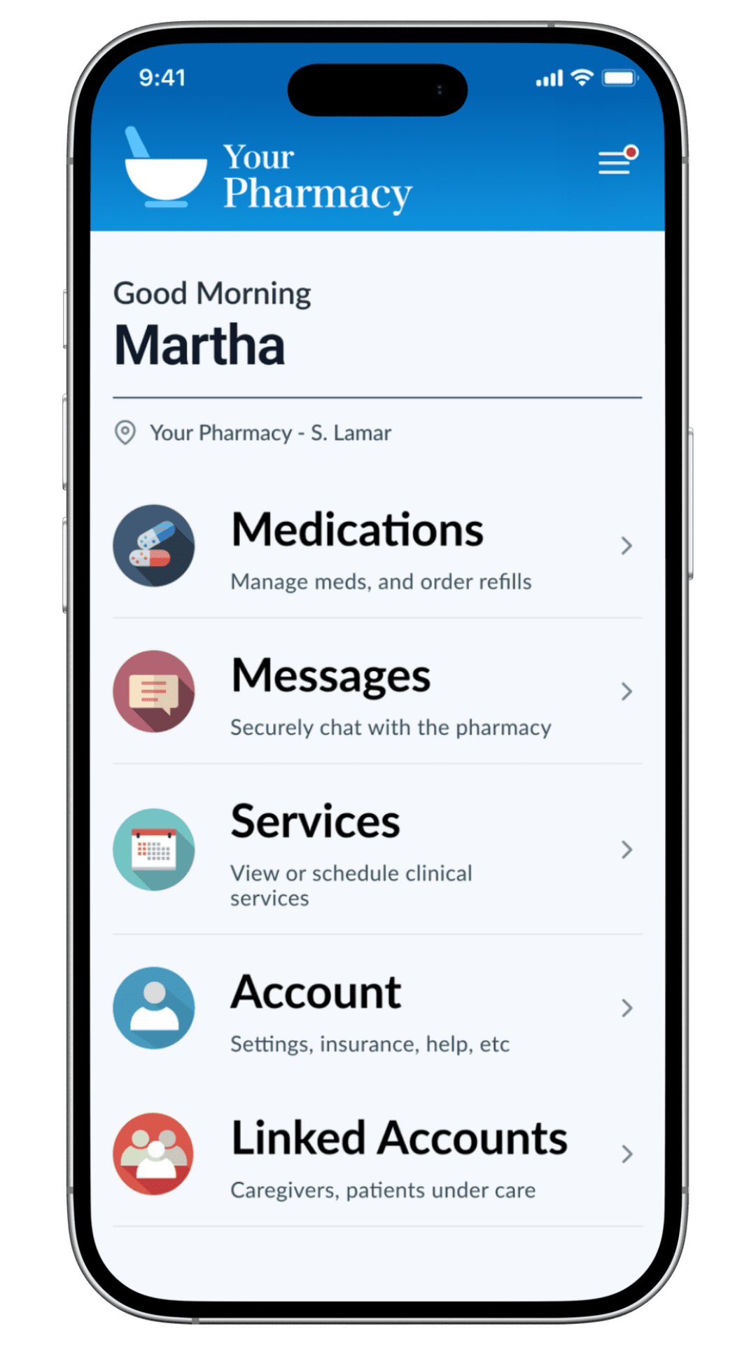 Patient Portal home screen for medications, messages, services, and family accounts