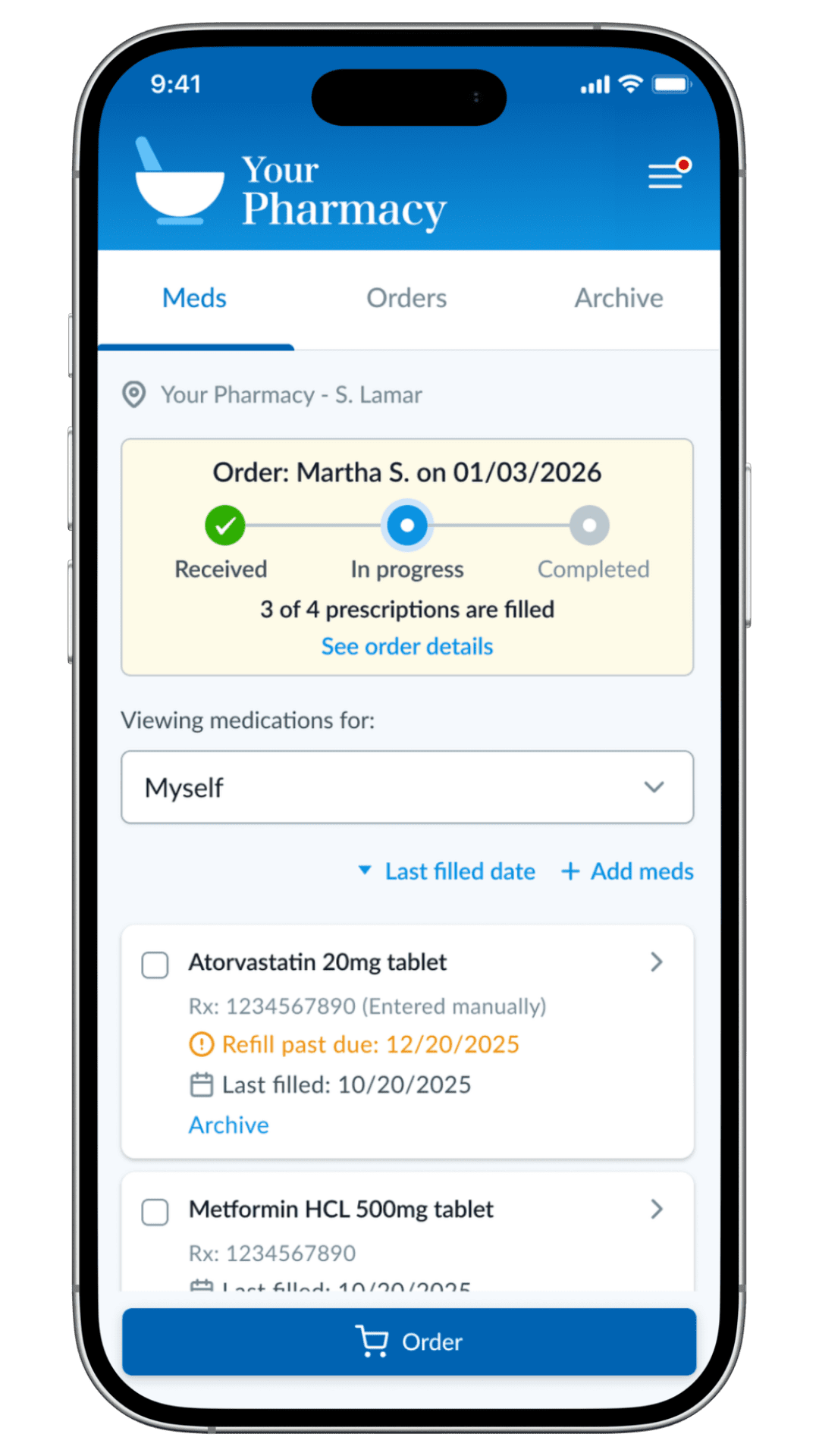 Patient Portal medications screen showing prescription refill orders and order status